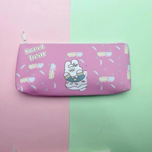 Detailed view of pink PU leather pencil case with sweet bear pattern and zipper closure