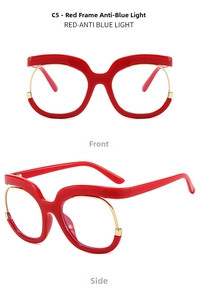 Detail view of large red Y2K frames with inner gold metal lining and anti-blue lenses