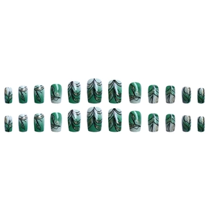 Short square emerald green gradient press-on nails with black leaf art and gold glitter