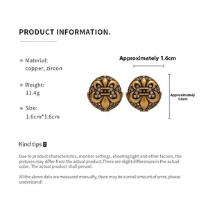 Detailed specs of vintage fleur-de-lis star earrings in copper with zircon inlays