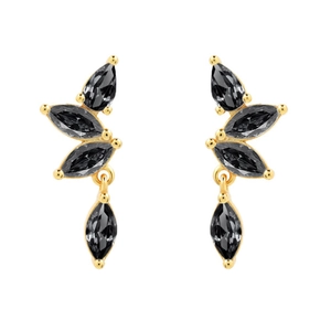 Detail of gold earrings with black marquise-cut zircon stones in a floral arrangement