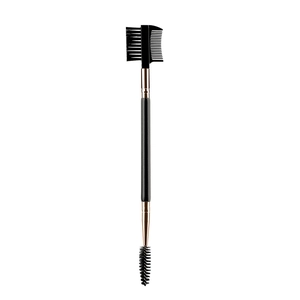 Double-headed eyebrow brush and spoolie with wooden handle and rose gold ferrule