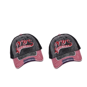 Retro NYC embroidery baseball mesh cap with washed gray front and dark red brim