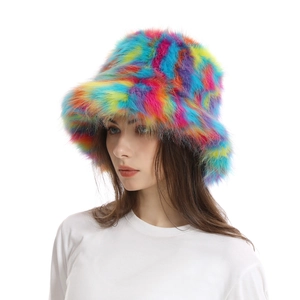 Detail of soft rainbow faux fur texture on this trendy fuzzy bucket hat for women