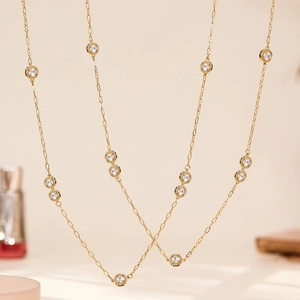 Elegant 18k gold plated stainless steel station sweater necklace with 5A zircon stones