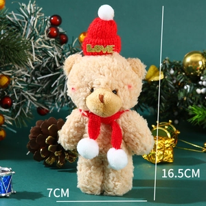 Detail of a plush beige teddy bear wearing a red knit LOVE hat and scarf, 16.5CM height
