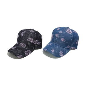 Deep grey and denim blue baseball caps with floral embroidery and a curved brim design