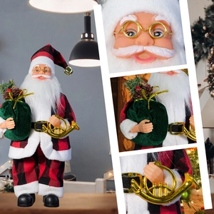 Detailed views of Santa Claus figure showing facial features and gift bag accessories