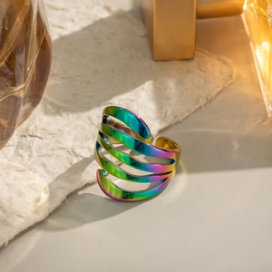 Rainbow plated multilayer ripple open ring in 18k gold style stainless steel finish