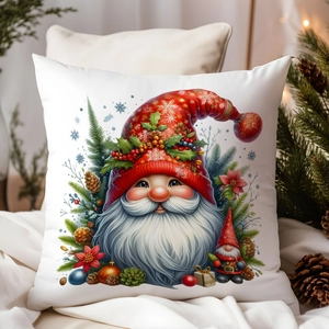 Detail of Christmas gnome pillowcase on white bedding with pine cones and festive decor