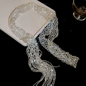 Close-up of sparkling crystal beaded tassel scarf necklace with shimmering silver finish