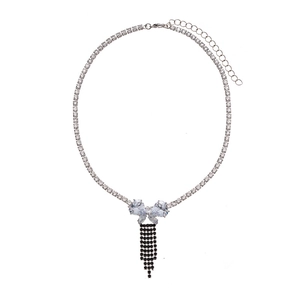 Luxury zircon butterfly pendant necklace with black tassel drops on a silver-tone chain
