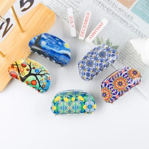 Artistic Oil Painting Hair Claw Clip For Women Acetate Half Round Starry Night Tree Of Life Mediterranean Print Headpiece