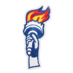 Embroidered American Independence Day flaming torch patch in red, yellow, and blue colors