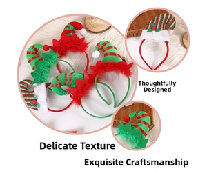 Close-up of Christmas elf hat headbands with striped fabric, sequins, and bells detail