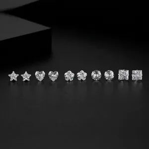 S999 sterling silver stud earring set with zircons in star, heart, and geometric shapes