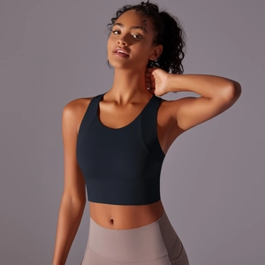 Side view of black high-impact sports bra with wide straps and racerback design