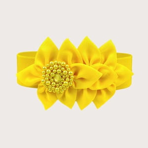 Elastic wide belt for dresses featuring large yellow handmade fabric flowers and pearls