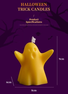 Detailed size specifications for a ghost Halloween candle with dimensions of 9cm by 8cm