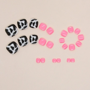 Unghie finte per piedi rosa Barbie e maculate, set da 24 pezzi con finitura lucida