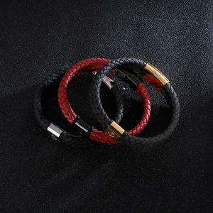 Detail view of woven leather nautical bracelets with magnetic stainless steel clasps