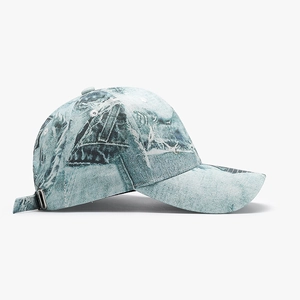 Men's baseball cap with blue abstract camo pattern and adjustable metal buckle back