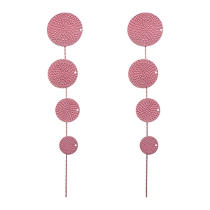 Pink tiered circular drop earrings with spiral texture and geometric tassel style
