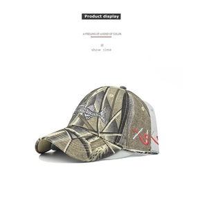 Detailed embroidery of fish bone and red text on camouflage canvas baseball cap