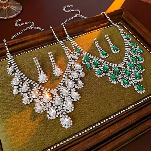 Luxury water drop zircon necklace and earrings set in clear and emerald green