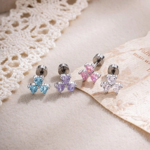 Cute Heart Zircon Clover Ear Cartilage Piercing Stud Stainless Steel Threaded Screw Back Tiny Minimalist Jewelry