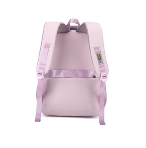 Back view of light purple backpack with padded straps and luggage strap detail
