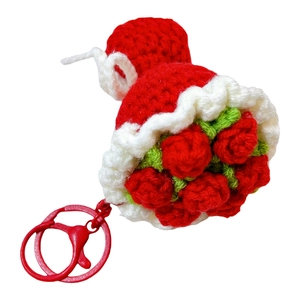 Handcrafted crochet rose bouquet keychain red knit flower bag charm cute mini pendant gift