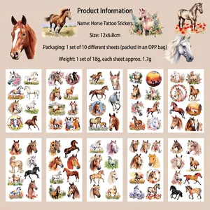 Set of 10 watercolor horse temporary tattoos in 12x6.8cm size with floral motifs