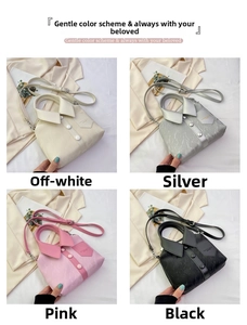Detail view of stylish shirt collar design handbags in cream, silver, pink, and black colors