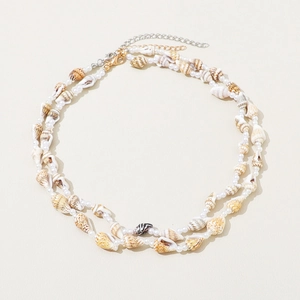 Double-layered bohemian necklace with natural conch shells and white beads for beach style