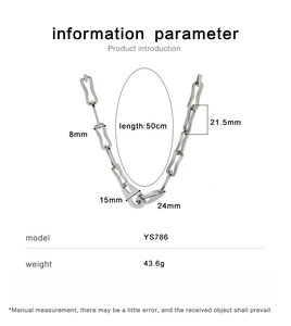 Technical drawing showing stainless steel necklace dimensions and chain link size details