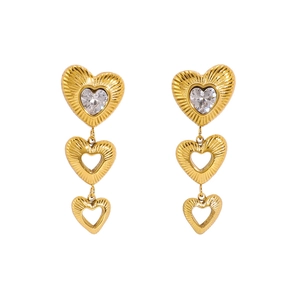 18K gold plated stainless steel triple heart dangle earrings with zircon inlays
