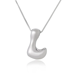 Polished silver L-shaped alphabet pendant with sleek box chain on a mirror surface