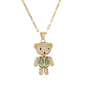 Golden movable bear pendant necklace with sparkling zircon pavé on a classic O-chain