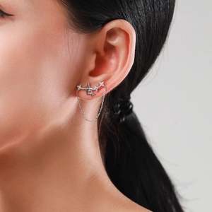 Elegant 925 sterling silver asymmetrical star earrings with hanging chain and zircon