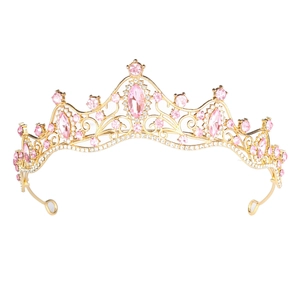 Elegant gold princess tiara with pink crystals and rhinestones for weddings and parties