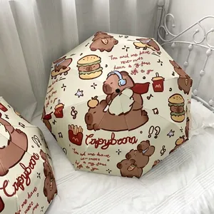 Off-white foldable Capybara umbrella featuring cute cartoon prints for sun and rain protection