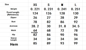 Tableau des tailles pour robe longue en résille avec mesures de buste et hanches