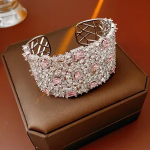 Luxury Wide Hollow Cuff Bracelet Copper Inlaid Pink White Zircon Sparkly Palace Style Jewelry Women Open Bangle