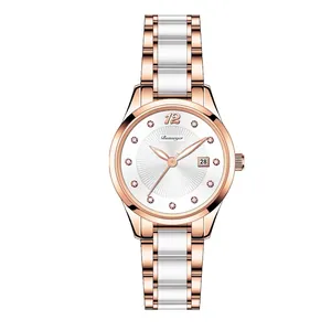 Montre à quartz minimaliste pour femme en or rose et céramique blanche avec date