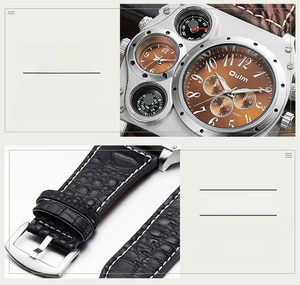 Detailed macro view showing dual time zones and textured PU leather strap of the watch