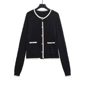 Women Cable Knit Cardigan Contrast Trim Button Down Long Sleeve Round Neck Elegant Chic Knitwear Sweater With Pockets