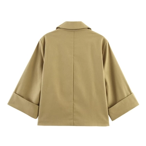 Back view of a khaki linen blend cropped double-breasted blazer with folded cuffs