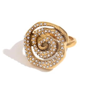 18K gold plated spiral ring featuring a minimalist swirl design with pavé crystals
