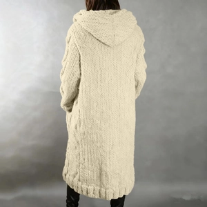 Women's long oversized knit cardigan with chunky cable knit texture and large hood